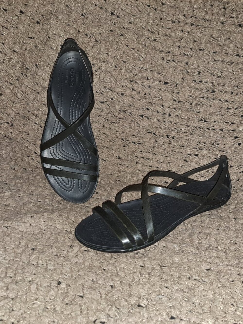 CROCS-Isabella Sandals-Translucent Black Strappy Flats-Size 8-Near Mint